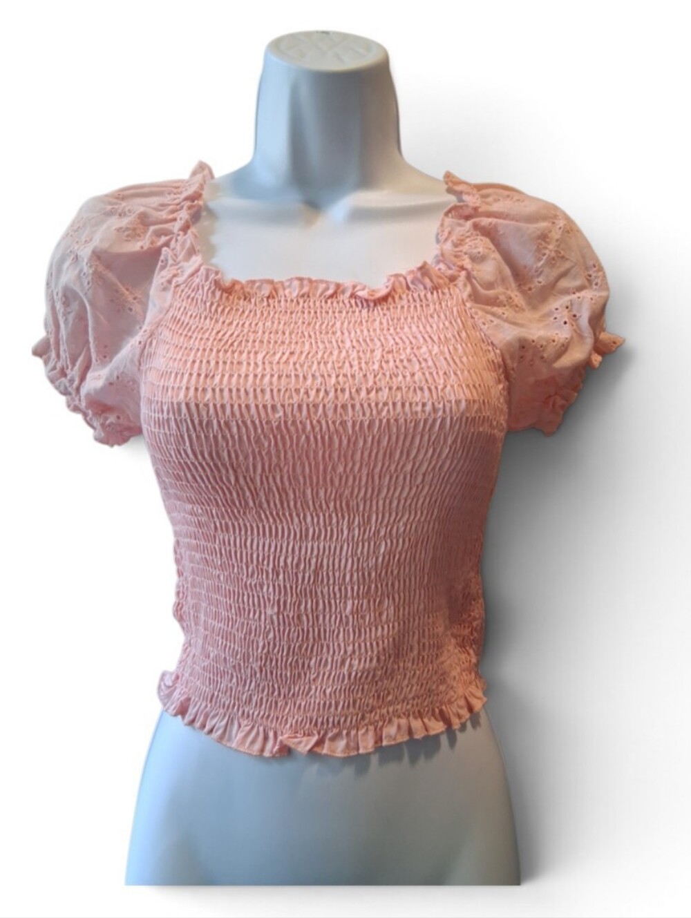 SHEIN Light Pink Smocked Puff-Sleeve Crop Top